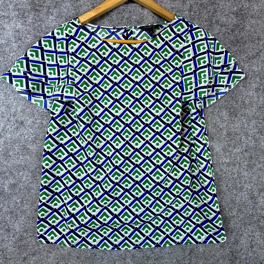 Banana Republic Blouse Top Womens Small Blue Green Geometric Ruffle Sleeve Cute